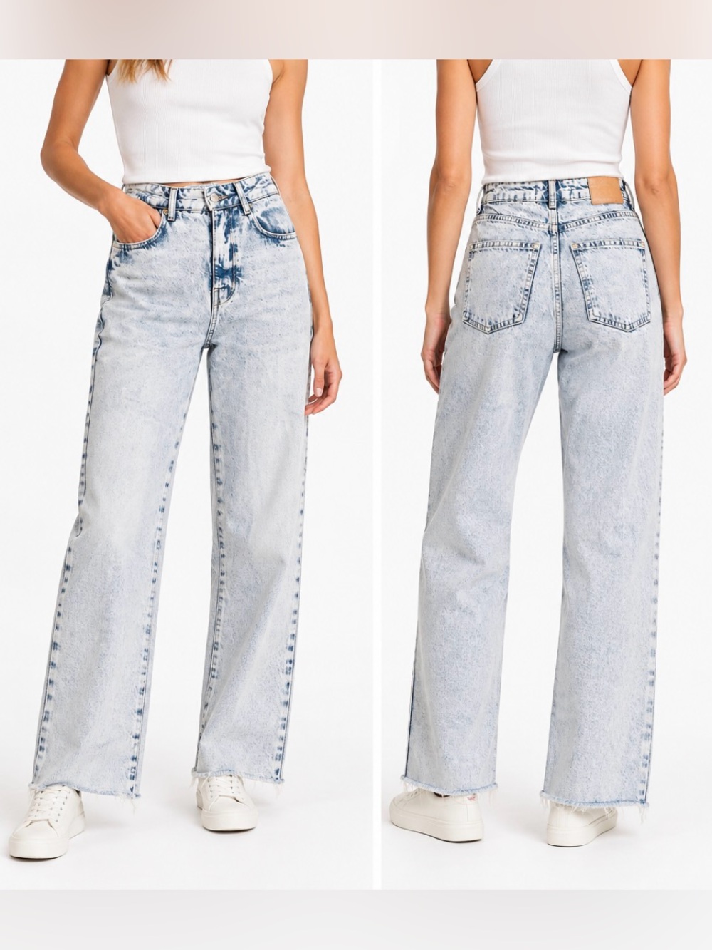 Zara High Rise Wide Leg Acid Wash Raw Hem Jeans Light Blue Size 0